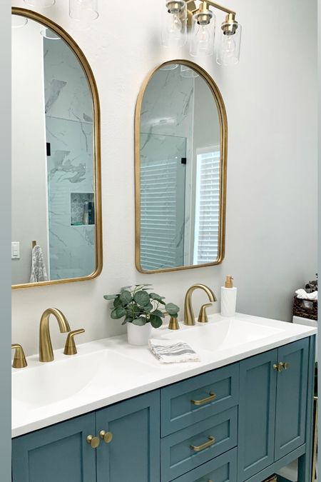Bathroom decor, blue bathroom vanity with gold faucet, amazon home 

#LTKSeasonal #LTKFind #LTKhome