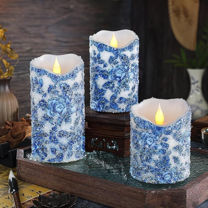 3 Pcs Elegant Chinoiserie Flameless Candles - Blue and White Porcelain Sea Salt Style Battery LED... | Amazon (US)