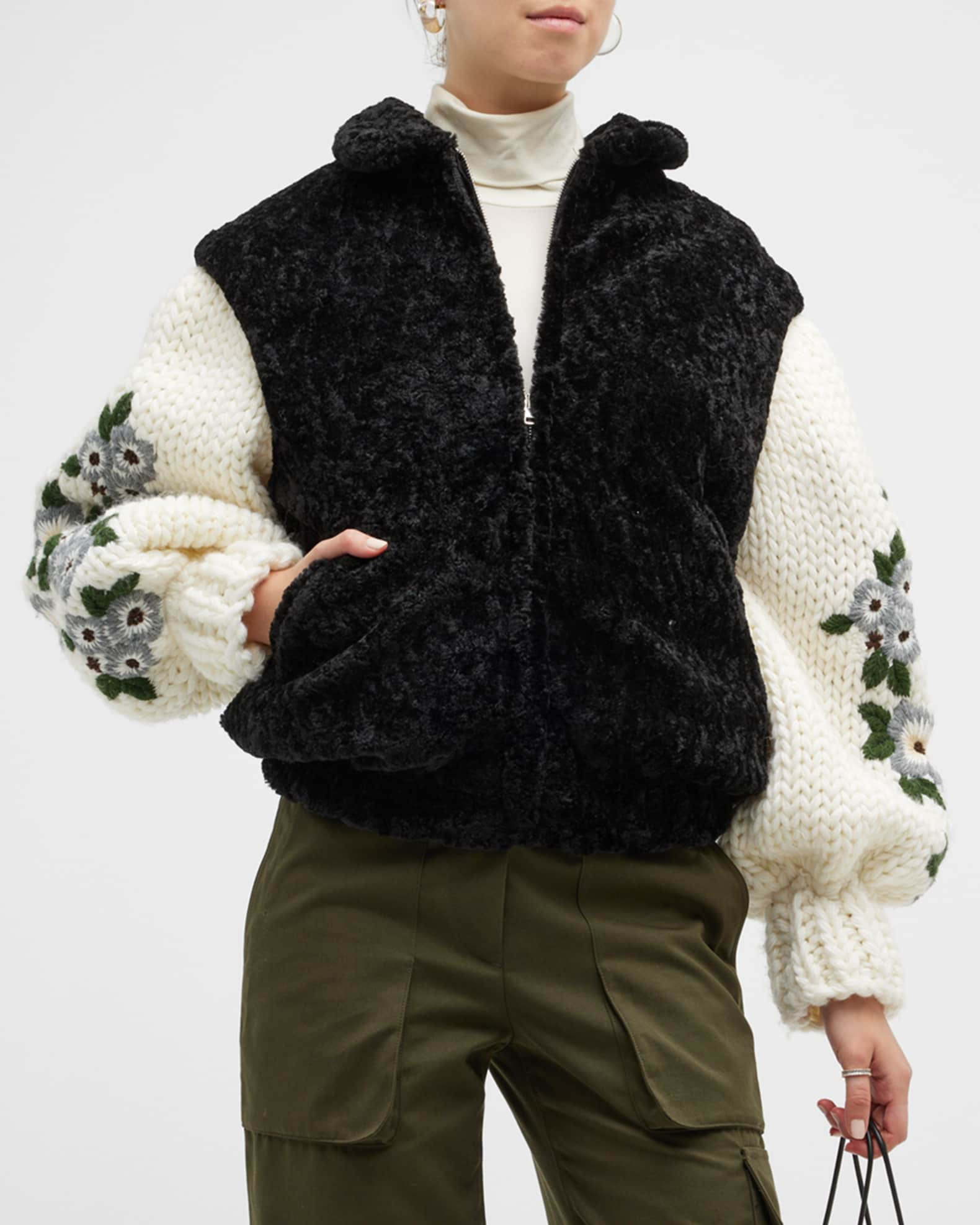 Tu Lize Embroidered Sleeve Faux Fur Bomber Jacket | Neiman Marcus