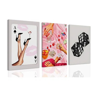Framed Poker Dice Wall Art Set Of 3, Funky Retro Y2K Aesthetic Canvas Prints, Trendy Pink Poster Pictures Funny Casino Wall Decor For Apartment Dorm T | Wayfair North America