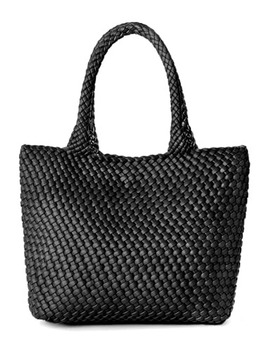 AUACDIY Women's Woven Tote Bag - Black, One Size - Vegan Leather, Magnetic Closure, Shoulder Strap, Rectangular Shape, Casual Beach Theme | Amazon (US)