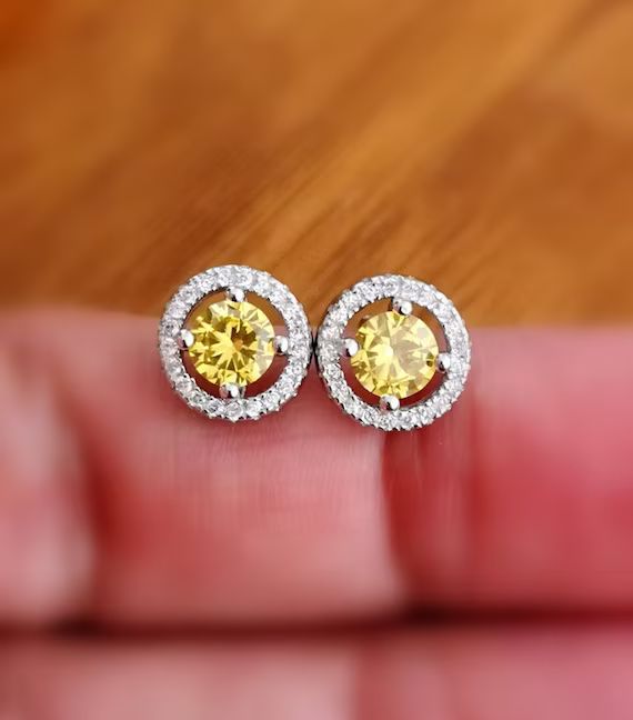 1 Ct Diamond Stud Earrings in 14K White Gold Over, Halo Earrings, Yellow Diamond Studs, Gift for ... | Etsy (US)