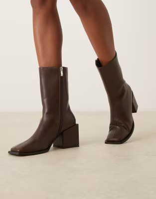Glamorous block heel square toe boots in brown micro | ASOS (Global)