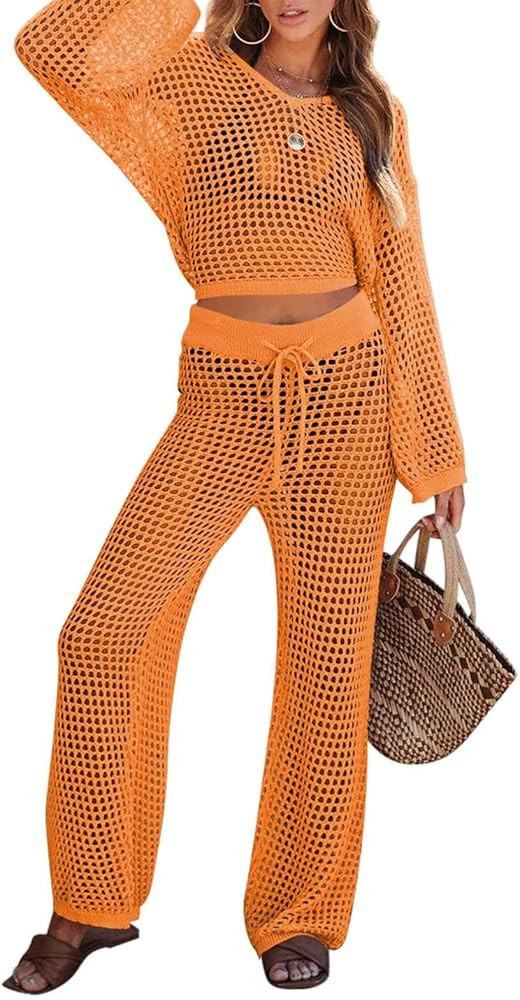 Pink Queen Women's Swimsuit Cover Up Set 2 Piece Crochet Long Sleeve Crop Top Wide Leg Pants Beac... | Amazon (US)