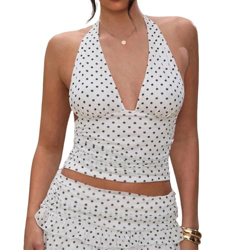 AKLOPVII Women Y2k Sexy Polka Dot V Neck Mesh Halter Crop Tops Cute Off Shoulder Sleeveless Tie Up Ruched Tank Going Out White | Amazon (US)