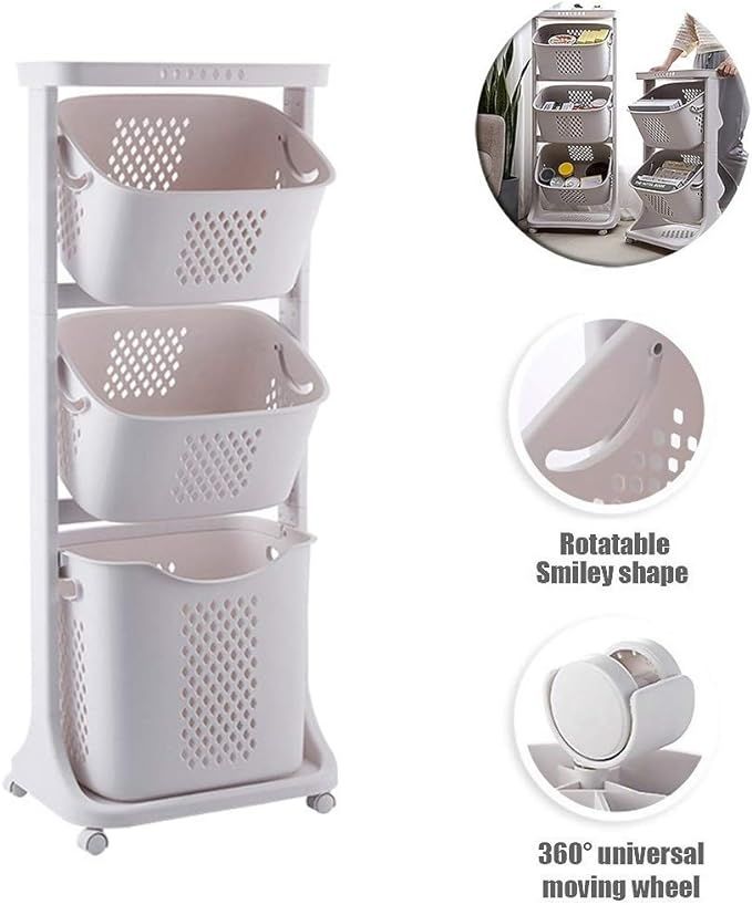 YGH 2/3 Layers Laundry Basket with Wheel Rolling Laundry Sorter, Baedroom Bathroom Dirty Clothes ... | Amazon (US)