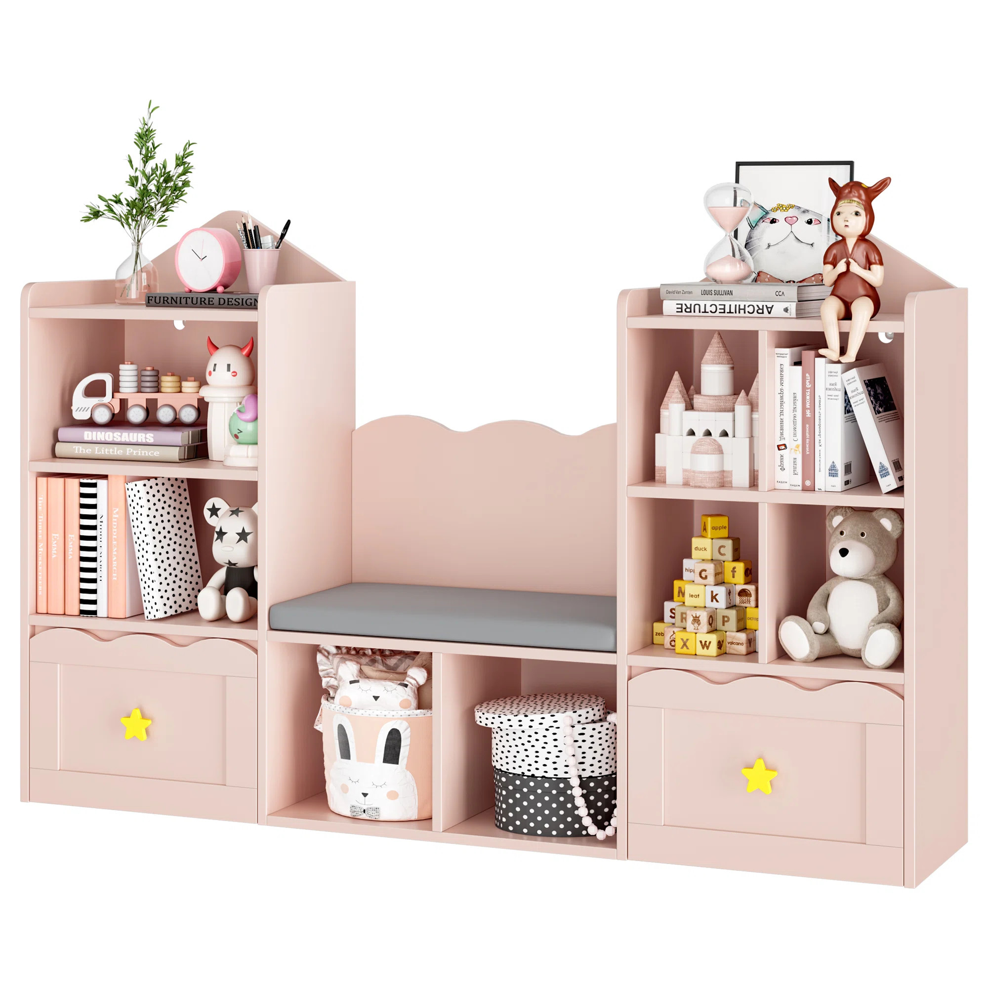 55.1"W Wood Kids Bookcase with 2 Drawers, Soft Cushion and Reading Nook | Wayfair North America
