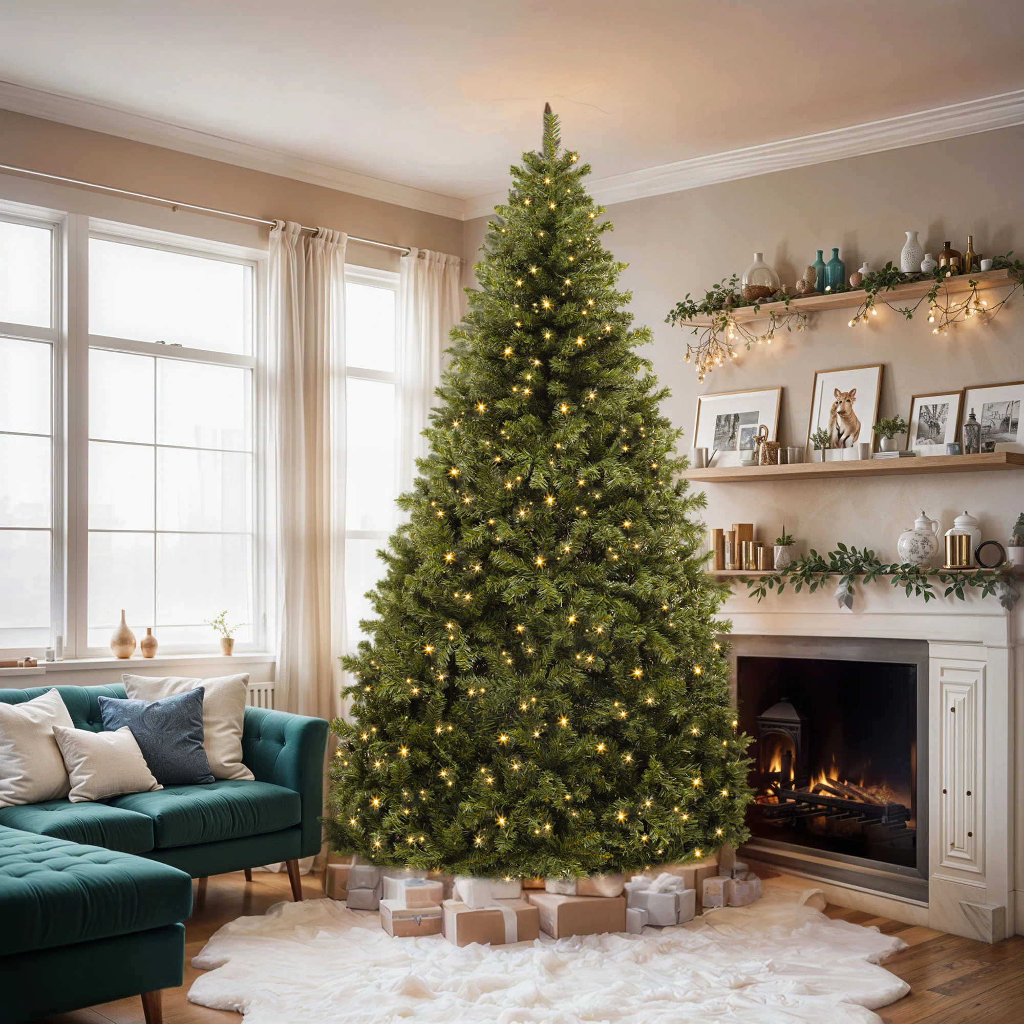 7.5 ft Artificial Spruce Green Christmas Tree with Pre Lit 550 lights and Dense Branch Tips | Wayfair North America