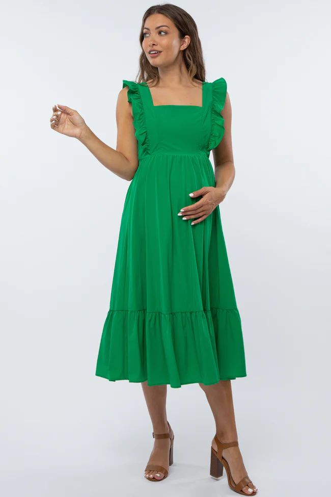 Green Ruffled Open Back Maternity Midi Dress | PinkBlush Maternity