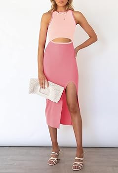 Pink Queen Women's Cutout Crew Neck Sleeveless Tank Slit Ribbed Bodycon Midi Dresses | Amazon (US)