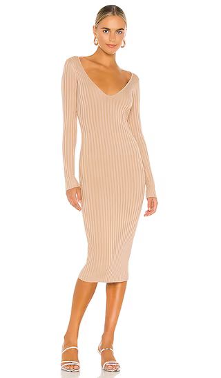 Bekah Deep V Midi Dress in Nude | Revolve Clothing (Global)