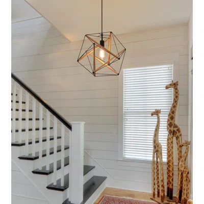 Black Geometric Art Deco Hanging Pendant Light Metal And Wood Modern Industrial Chandelier Light Fixture | Wayfair North America