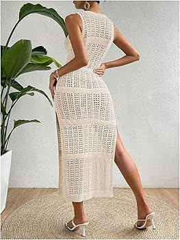 SweatyRocks Women's Colorblock Sleeveless Crochet Coverups Maxi Dress Sheer Split Thigh Cover Up | Amazon (US)