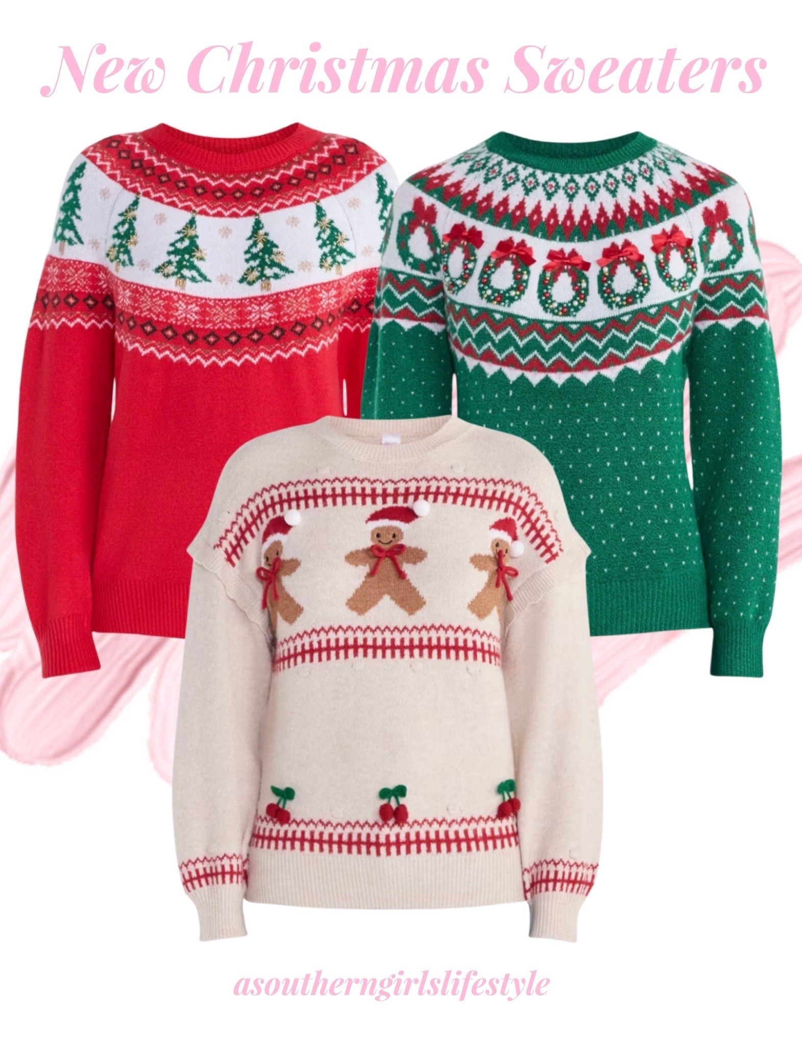New right at $23 Walmart Christmas Sweaters - 2 traditional classics & a fun one!

Red Tree Fair Isle Appliqué Sweater, Green Wreath Appliqué Sweater & Ivory Gingerbread Applique Sweater 

Christmas Style. Christmas Outfits Women.