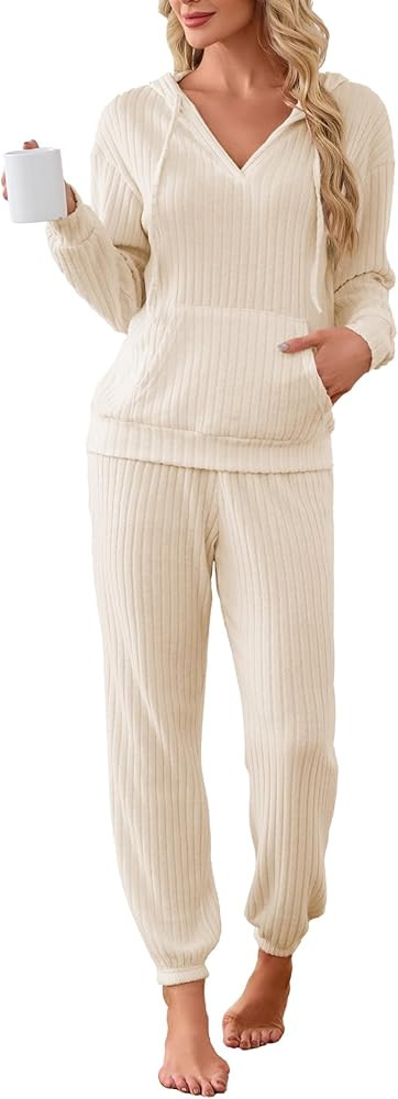 Famulily 2 Pieces Ribbed Knit Outfits Drawstring Hoodies Jogger Pants Matching Pajama Sets with P... | Amazon (US)