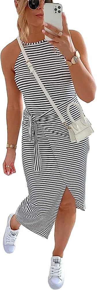 NOLLSOM Women Casual Sleeveless Striped Tank Midi Dresses Halter Neck Ruched Bodycon DressesTie Wais | Amazon (US)