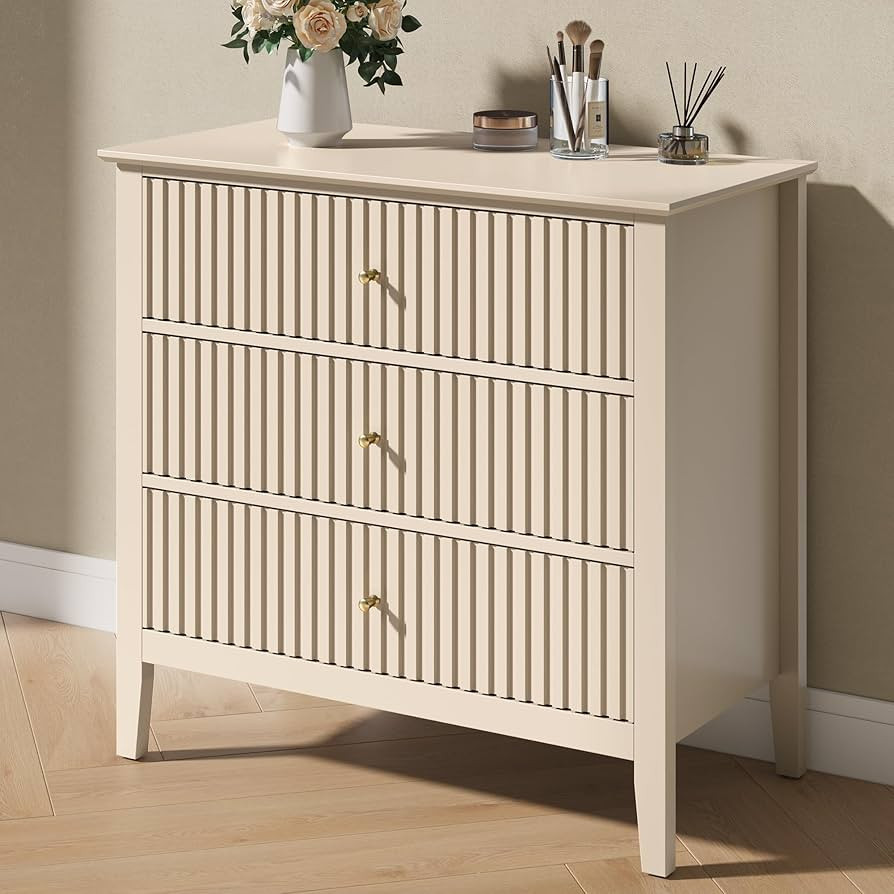 RoyalCraft Beige Fluted 3 Drawer Dresser, 32 inch Wide Dresser Nightstand for Bedroom, Modern Woo... | Amazon (US)