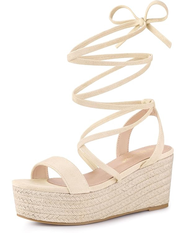 Allegra K Women's Lace Up Wedge Heel Slingback Platform Strappy Sandals | Amazon (US)