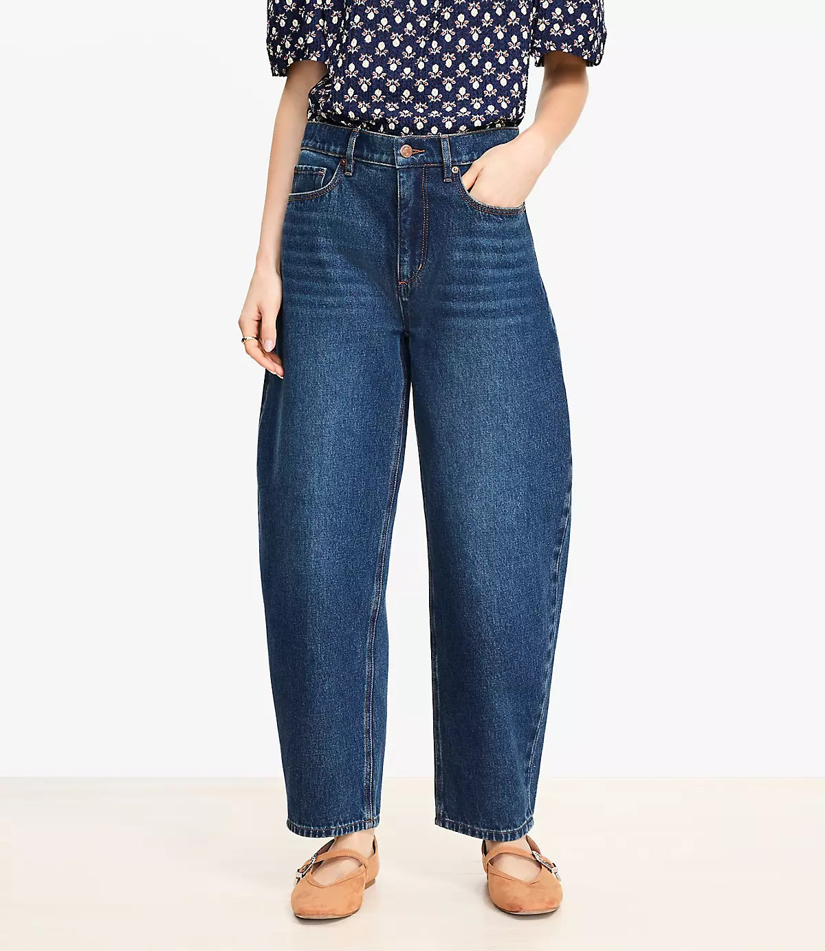 Petite High Rise Barrel Jeans in Authentic Dark Wash | LOFT
