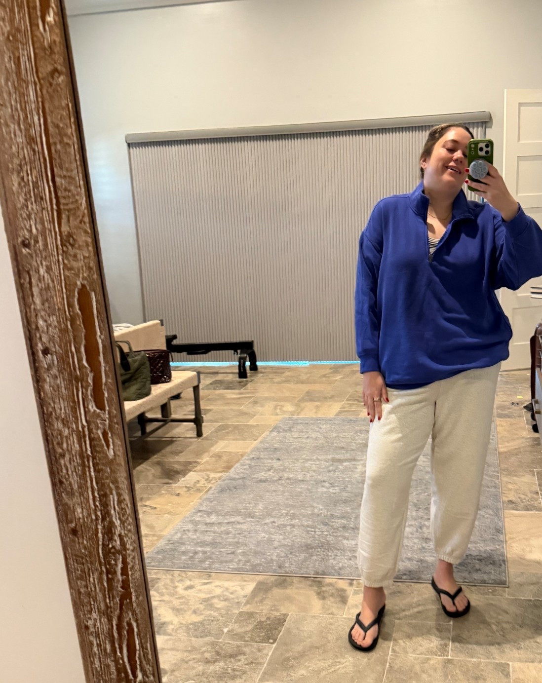 The @athleta Forever Fleece line is incredible. It's thicker than Coastal Luxe - like your typical sweats material. Thick, soft and feels vintage in the best way. 

I asked for the joggers fo Christmas after getting the half zip and loving it. I'm in a size up in the half zip for the oversized look and my true size in the pants. They have a drawstring so easy to adjust. 

I'm 5'9 with a shorter inseam (long torso) and in regular length here. 

Perfect for winter cozies. But still great for colder Florida mornings. 

I also love the waffle knit material, and got the matching joggers for Christmas, too. The waffle pullover is cropped, though. I have the matching brown set! That one fits true to size for me  