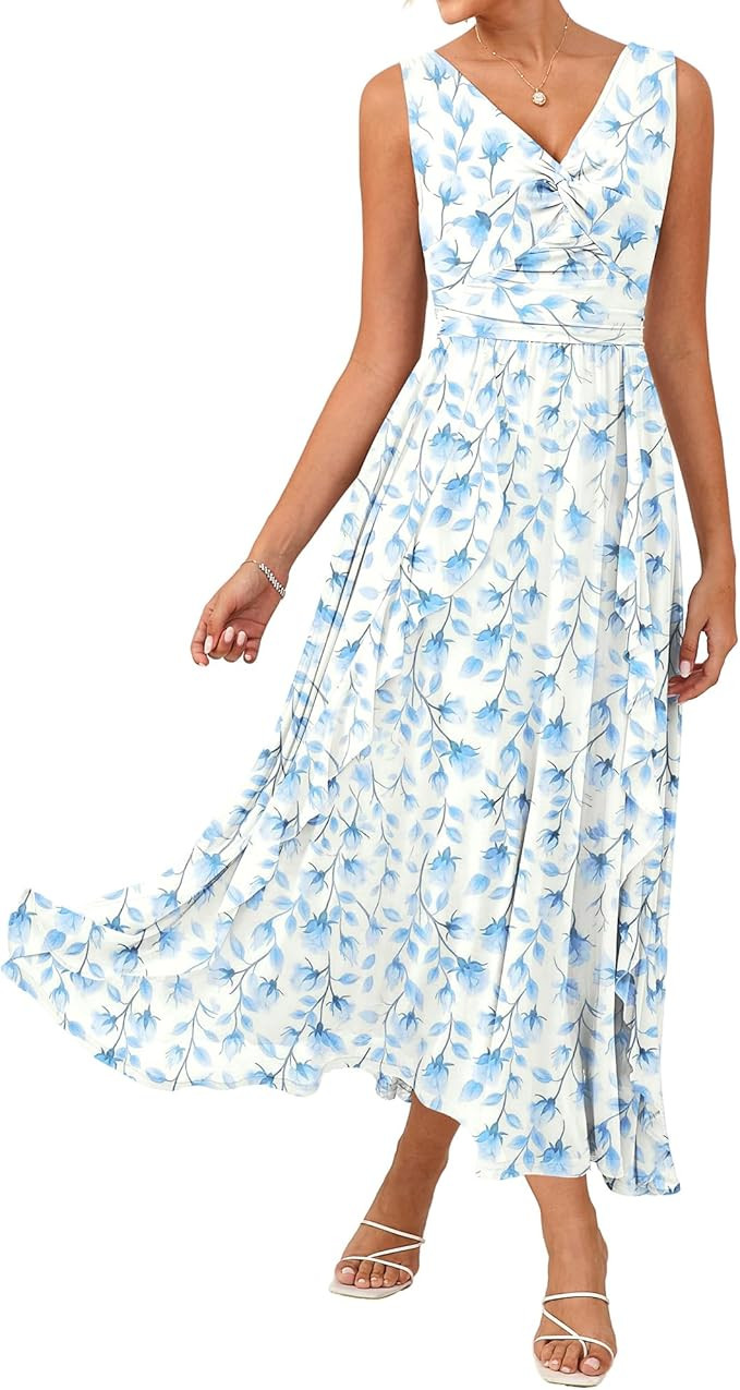 GRACE KARIN Women's Summer Sleeveless Floral Maxi Dress V Neck Formal Wedding Guest Dress A Line ... | Amazon (US)