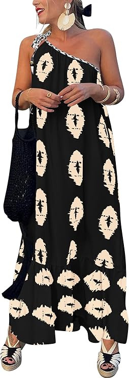 PRETTYGARDEN Women's Summer One Shoulder Maxi Dresses Printed Flowy Boho Beach Vacation Long Sund... | Amazon (US)