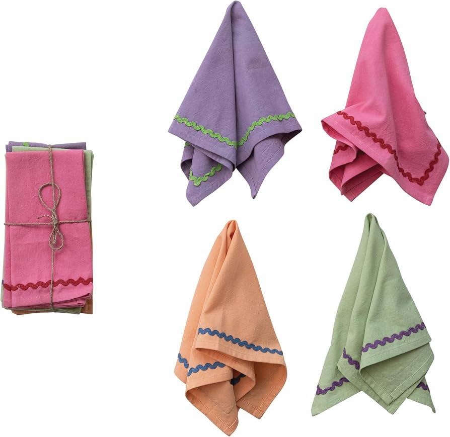 Creative Co-Op 4-Piece Cotton Napkins with RIC Rac Trim, 4 Colors | Amazon (US)