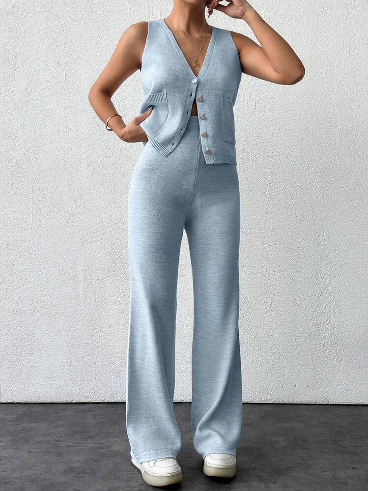 Women's Solid Color Simple Daily Wear Knit Vest And Long Pants Two-Piece Set | SHEIN