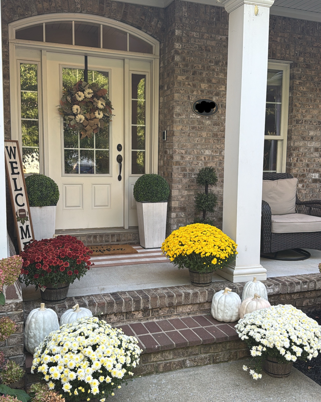 Spruced up the front porch yesterday 🍁

I can’t decide if I like the mums where they are currently located in conjunction with my pumpkins- but this is how it looks now and it’s so much better than before! 

#LTKFallSale #LTKSeasonal #LTKHome