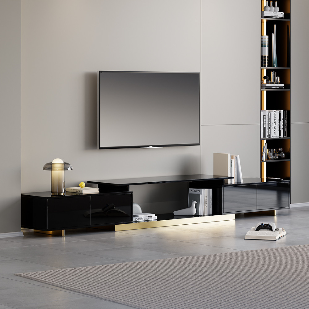 Mordelle Modern Rectangle Glossy Black Extendable TV Stand Storage for 65 to 85 inch TV | Homary