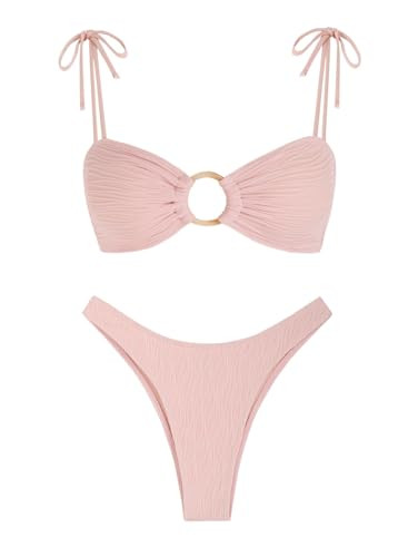 ZAFUL Women's Sexy Tie Spaghetti Strap Bikini Textured O Ring Ruched High Leg Swimsuit Cheeky Bat... | Amazon (US)