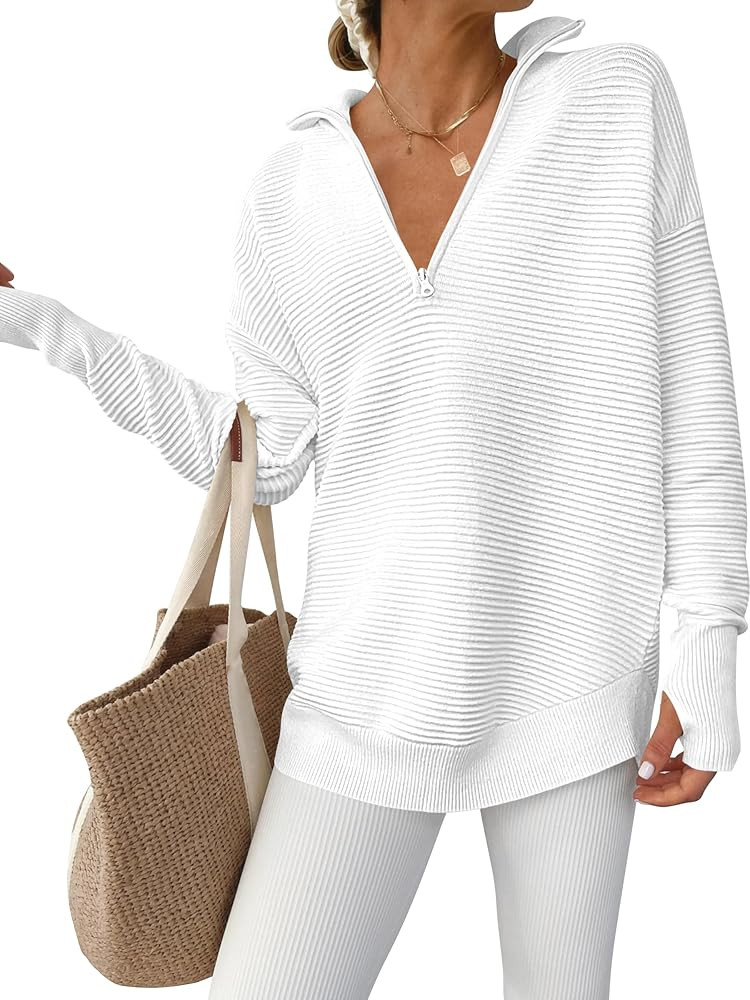 ANRABESS Womens Long Sleeve Quarter Zip Pullover Sweater Casual Loose V Neck Collared Ribbed Knit... | Amazon (US)