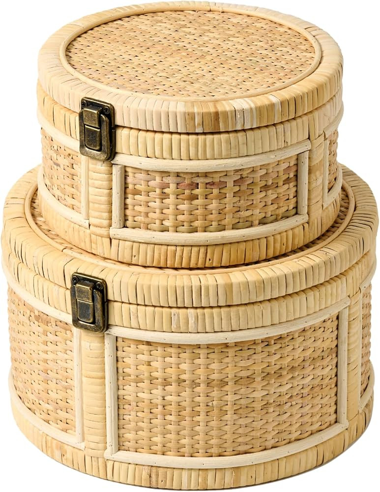 2PCS Rattan Storage Boxes with Lids Wooden Frame Decorative Natural Rattan Round Baskets Set Hand... | Amazon (US)
