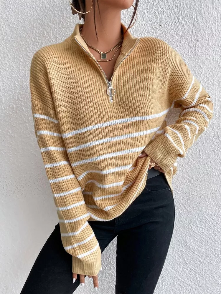 striped drop shoulder zipper front sweater