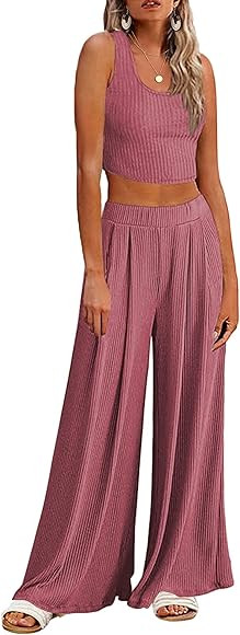 Ekouaer Womens Lounge Set 2 Piece Pajama Sets Short Sleeve Outfit Sets Ribbed Crop Top Wide Leg P... | Amazon (US)