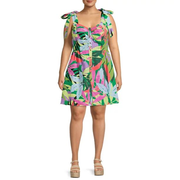 Terra & Sky Women's Plus Size Button Front Tie Shoulder Dress | Walmart (US)