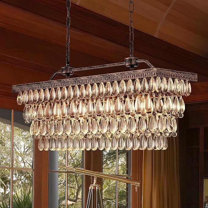 Wellmet Crystal Chandelier 30 inch Antique Bronze Rectangle 4 Lights Farmhouse | Amazon (US)
