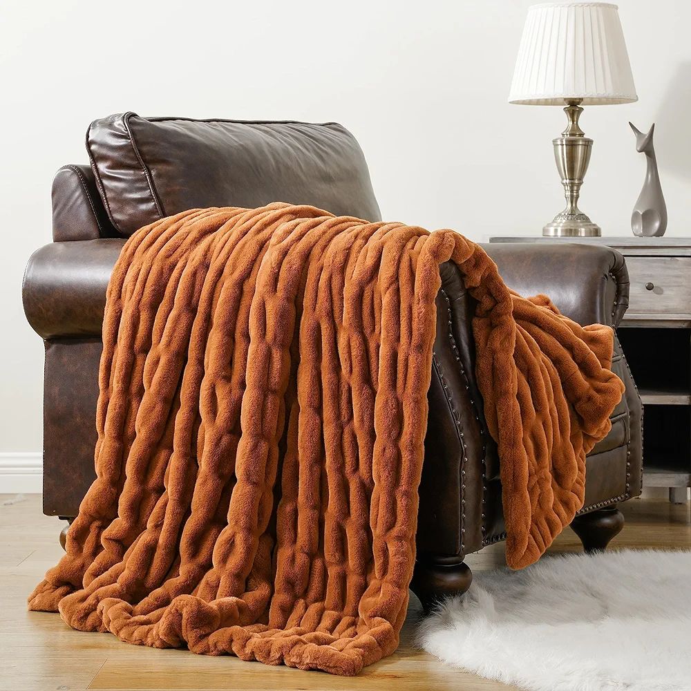 BATTILO HOME Orange Faux Fur Throw Blanket, Double Side Ruched Reversible Rabbit Fur Blanket for ... | Amazon (US)