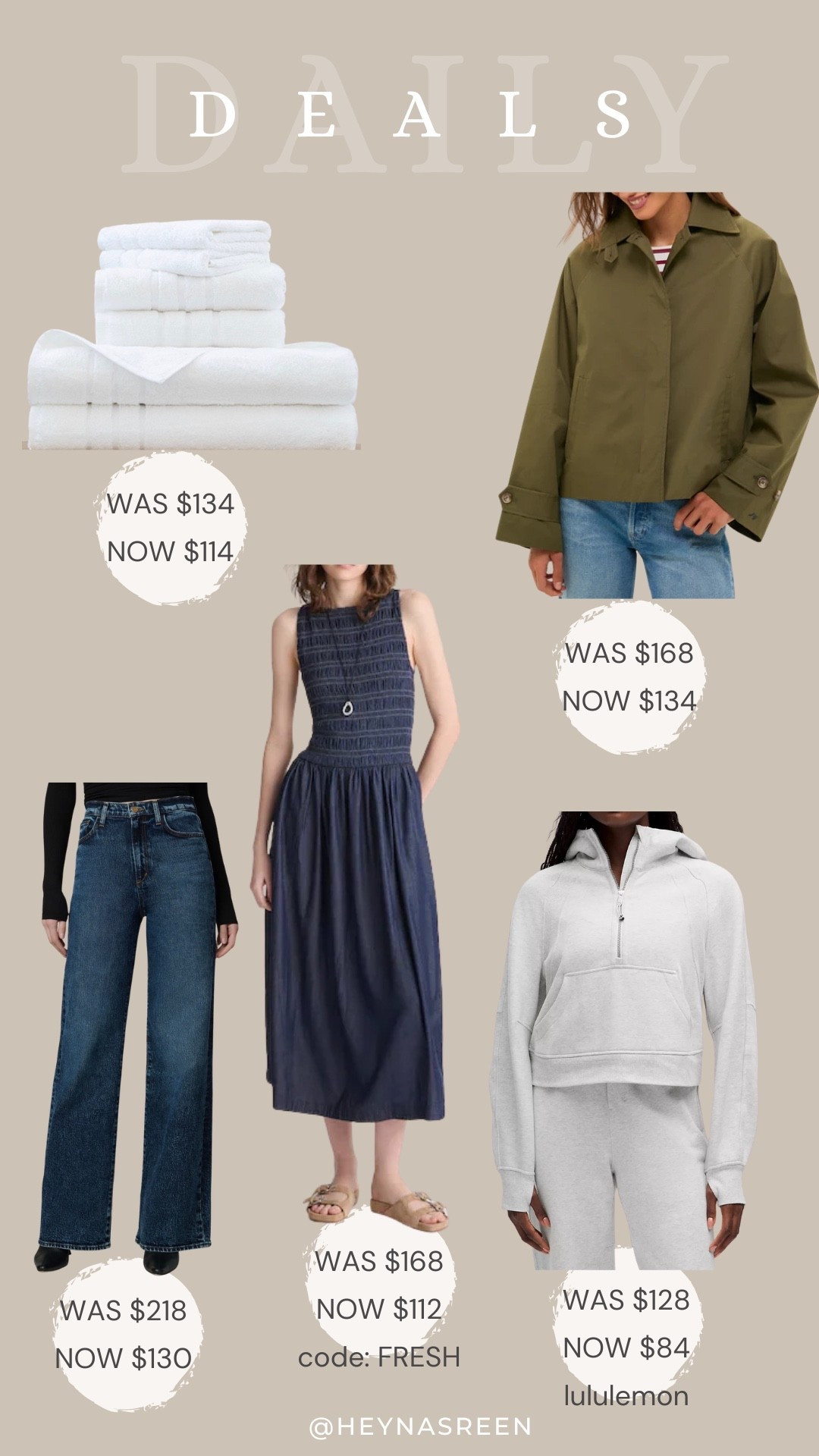 Daily deals on Cariloha towel bundle, Tuckernuck trench coat, lululemon scuba hoodie, Madewell dress, Joe’s wide leg jeans 