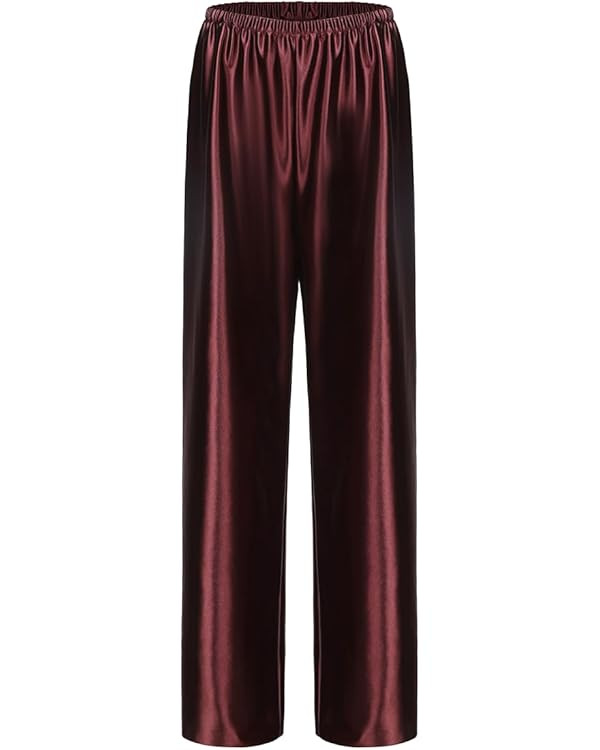 Women Satin Wide Leg Dress Pants Silk Casual Dressy Long Flowy Pants Elastic High Waisted Trouser... | Amazon (US)