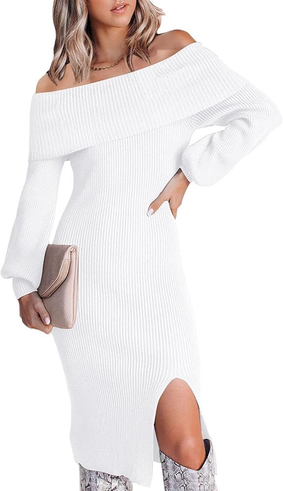 Cutiefox Women's Off The Shoulder Bodycon Sweater Dress Elegant Long Sleeve Ribbed Knit Midi Dress w | Amazon (US)