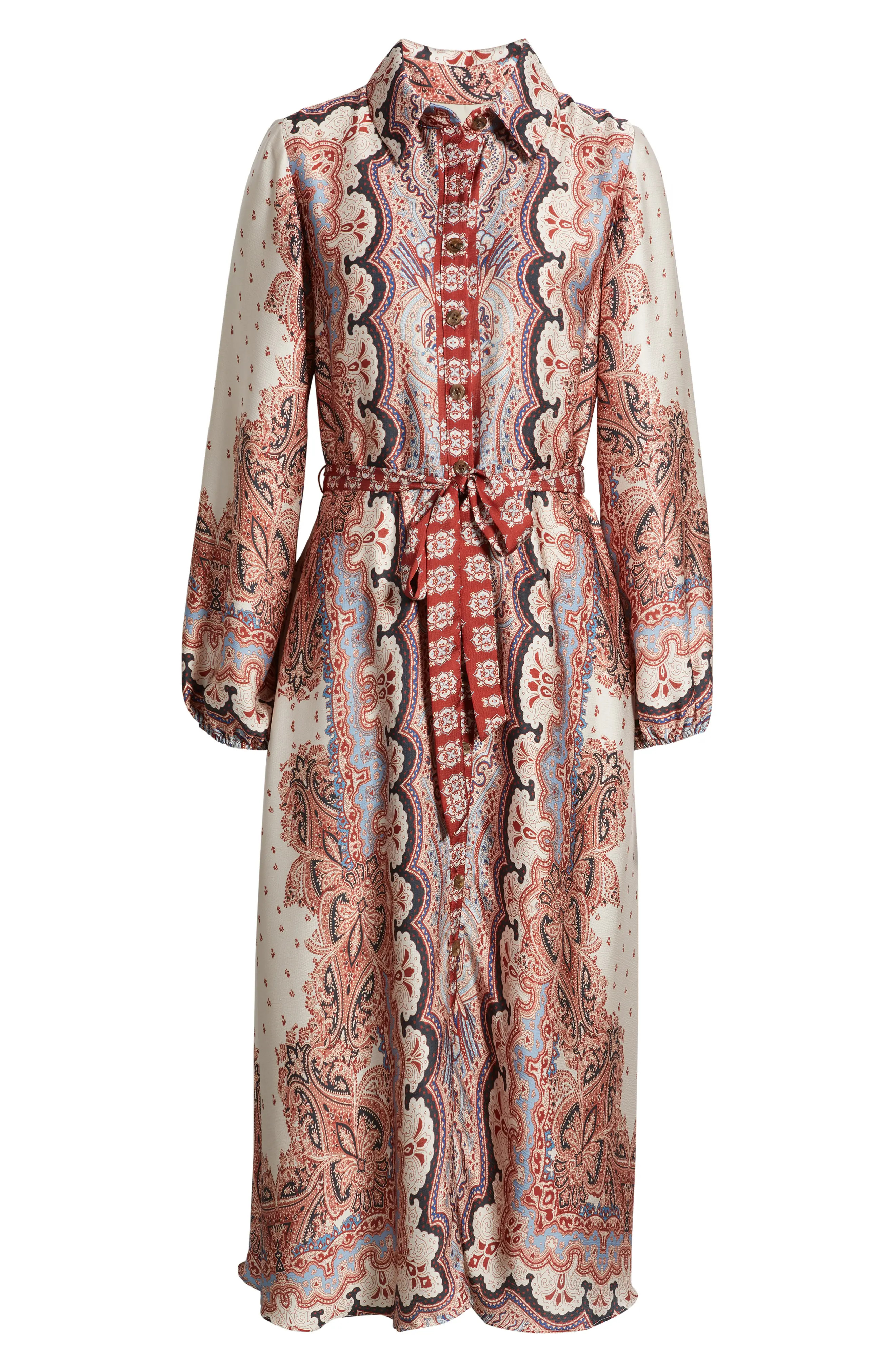 Julia Jordan Mixed Paisley Long Sleeve Midi Shirtdress in Rust Multi at Nordstrom, Size 2 | Nordstrom