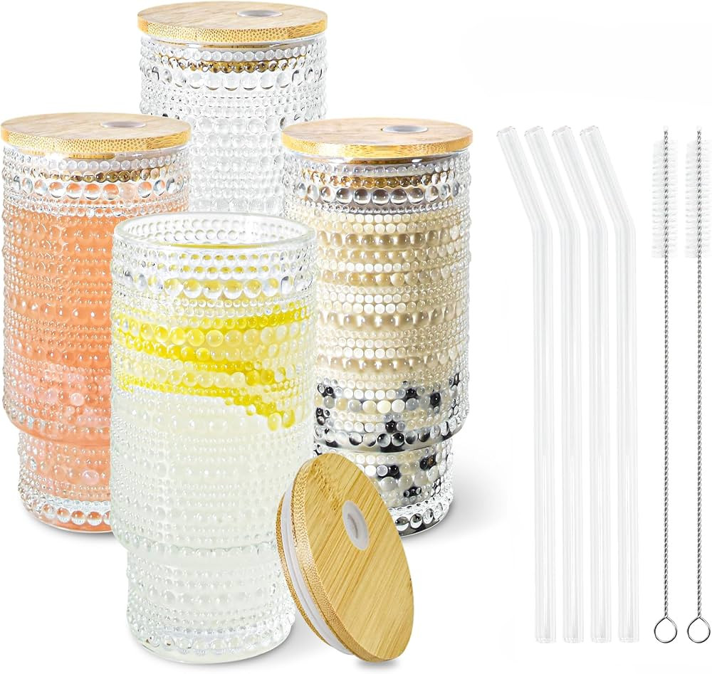 4 Pcs 12 oz Drinking Glasses Cups Set with Bamboo Lids Straws Brush Hobnail Drinking Glassware Se... | Amazon (US)