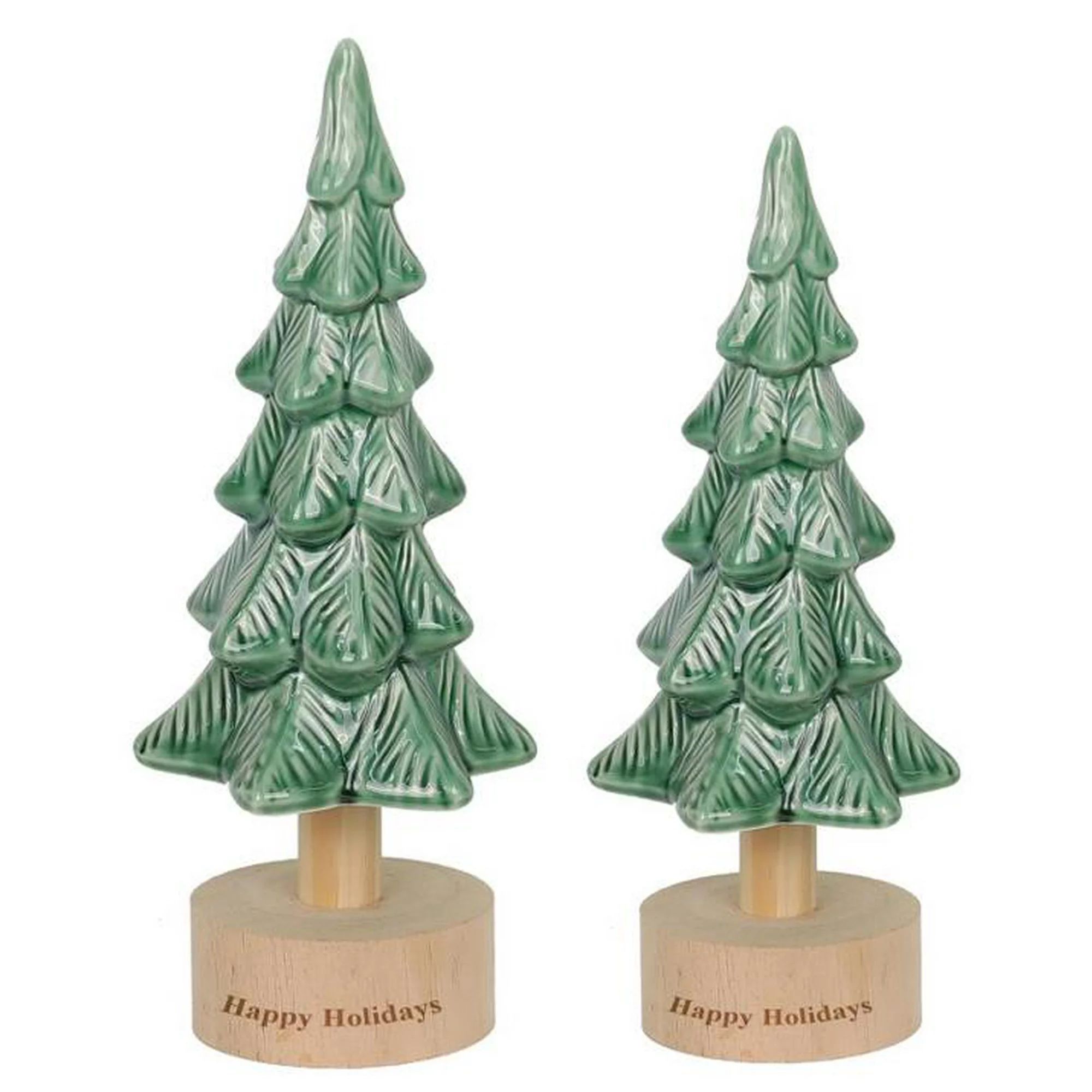 Ceramic Tree with Wood Base Christmas Decorations ,2 Pack, Green, 12 in and 13.6 in, by Holiday T... | Walmart (US)
