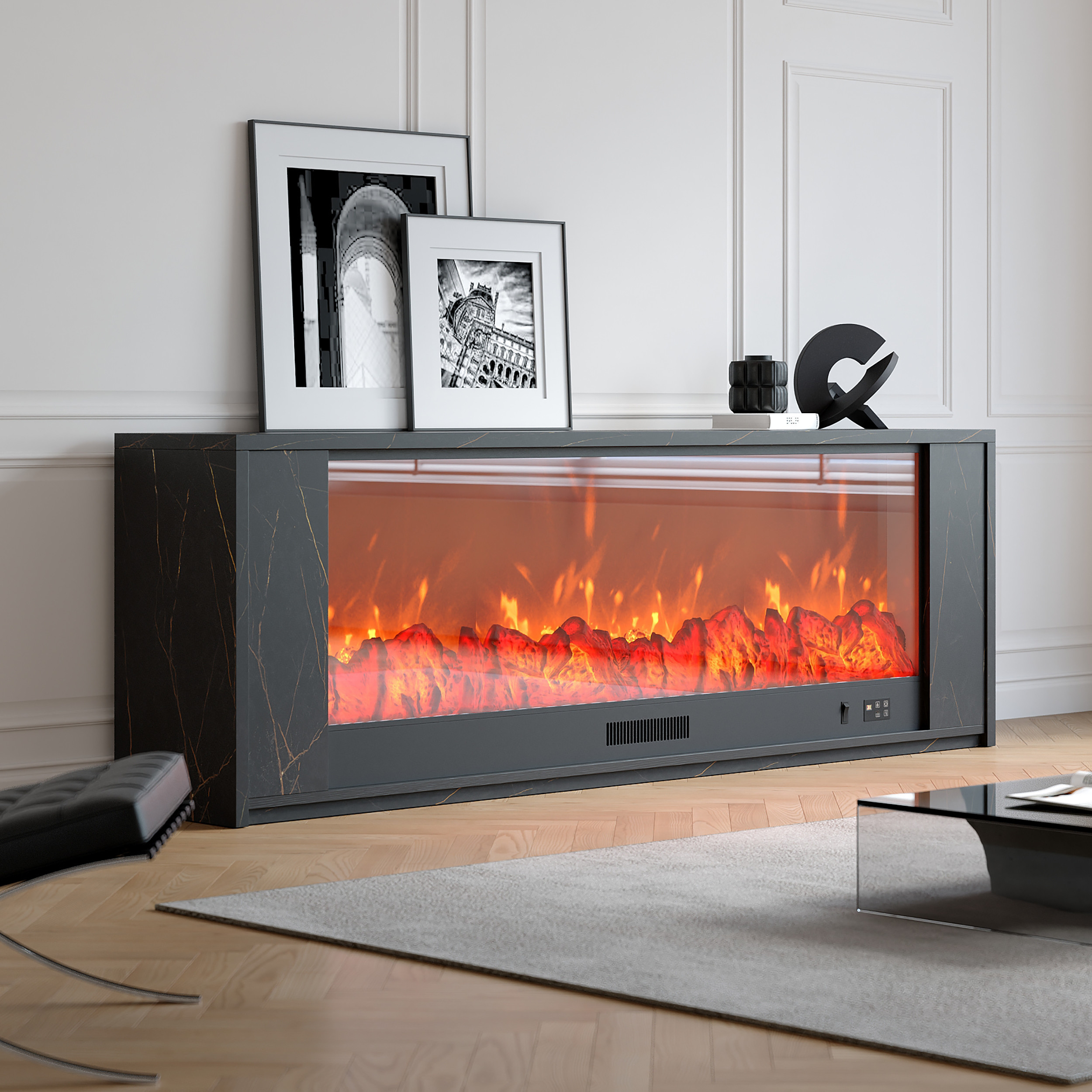 70.9" Modern Black Glass Electric Fireplace TV Stand with Remote Control Temperature Adjustable | Homary