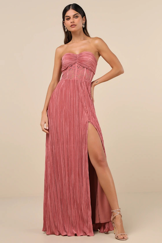 Desme Rose Pink Satin Plisse Strapless Maxi Dress | Lulus