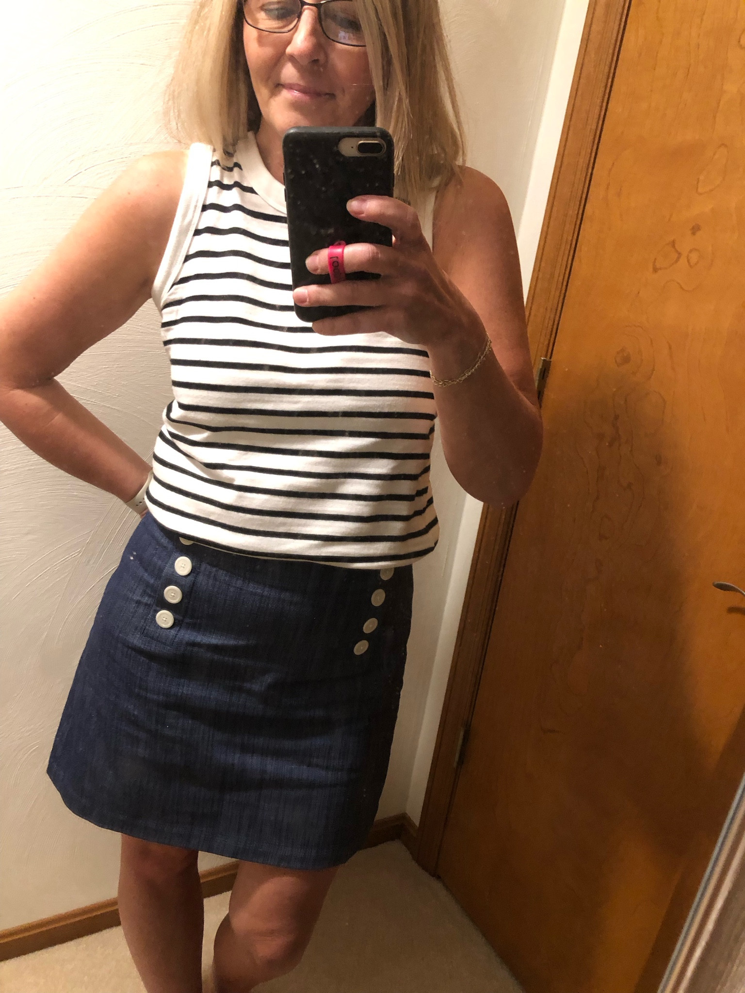 Nautical Work Vibes ⚓️ This sailor front panel faux denim skirt and stripe sweater tank were perfect for the warmer temps.
Skirt fits TTS I’m in a 2 
Sweater Tank is TTS I’m in a S (if larger chested-size up)

#LTKstyletip #LTKworkwear #LTKfindsunder50