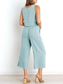 ANRABESS Women's Summer 2 Piece Outfits Sleeveless Crop Top Capri Wide Leg Pants Jumpsuit Linen L... | Amazon (US)