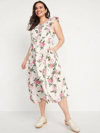 Flutter-Sleeve Floral Smocked Midi Swing Dress for Women | Old Navy (US)