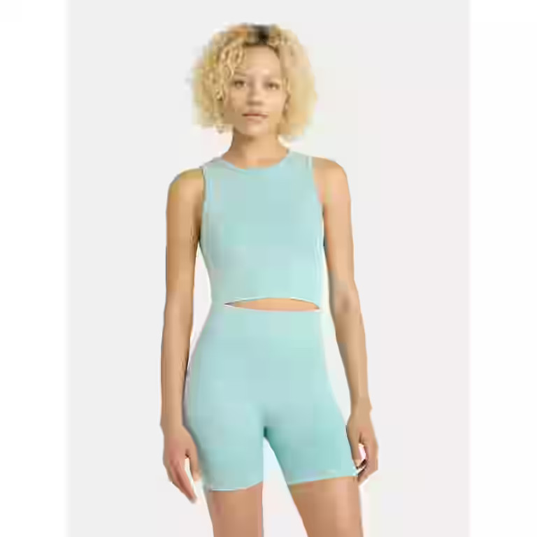 No Boundaries Seamless Cropped Henley Tank and Bike Shorts Set, 2-Piece, Women's | Walmart (US)